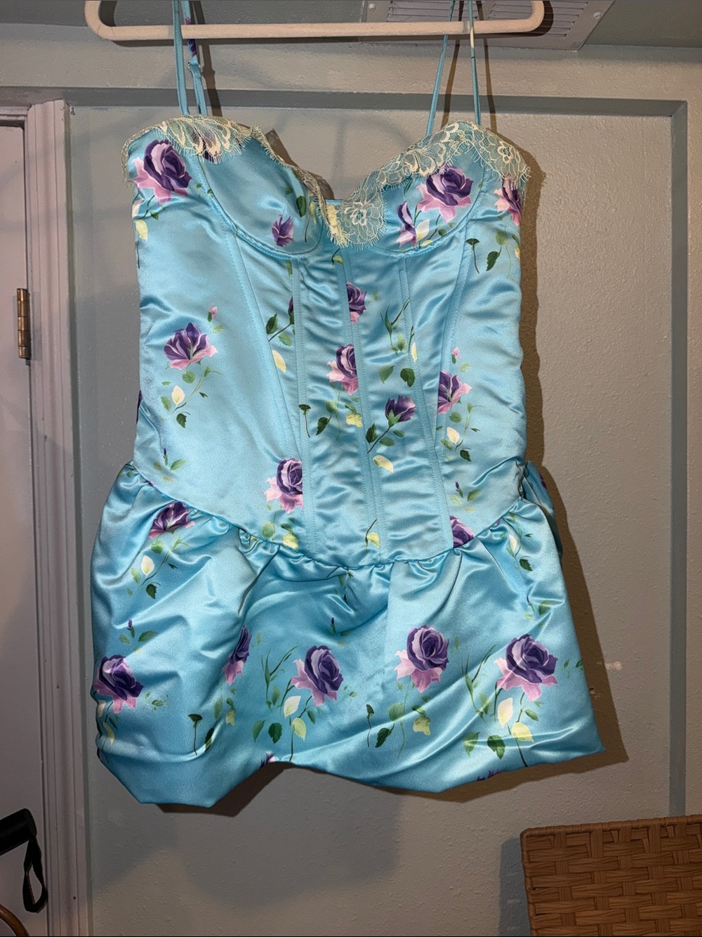 Finesse Light Blue Satin Floral Bustier dress with Purple Roses.